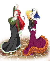 2girls ass big_ass big_breasts blonde_hair cleavage dancing fan female_only fire_emblem fire_emblem:_the_blazing_blade fire_emblem:_the_sacred_stones hellene_(fire_emblem) ismaire_(fire_emblem) large_breasts light_blush long_hair looking_at_viewer mature mature_female medium_hair milf nintendo oppaihobby red_eyes red_hair simple_background smile white_background yellow_eyes