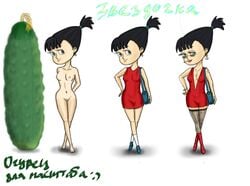 blue_hairband breasts cleavage collarbone dunno_on_the_moon female little_star mrak navel neznaika_on_the_moon nude pickle ponytail red_dress russian_text size_comparison solo standing vulva zvyozdochka