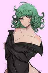 1girls bare_shoulders breasts cleavage clothing curly_hair female frown green_eyes green_hair lipstick omiza_somi one-punch_man short_hair solo tatsumaki thick_thighs white_skin