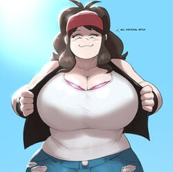 1girls 5_fingers :3 alternate_breast_size bare_shoulders big_breasts blush bra bra_cups_sticking_out bra_slip bracelet breast_focus breasts brown_hair chubby cleavage english_text female female_only fimif fully_clothed hat hilda_(pokemon) hips huge_breasts jean_shorts large_breasts looking_at_viewer looking_down nintendo plump pokemon pokemon_bw ripped_jeans smug solo solo_female standing tank_top text thick thick_thighs thighs vest wide_hips