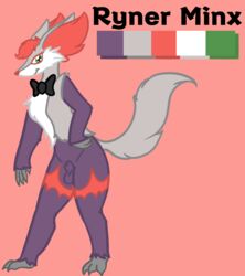 animal_genitalia anthro balls bow_tie dawnthemetamon delphox fur genitals green_eyes grey_body grey_fur hi_res male model_sheet nintendo orange_body orange_fur pokémon_(species) pokemon purple_body purple_fur ryner_minx sheath shiny_pokémon smile solo solo_focus video_games white_body white_fur