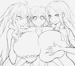 2girls dronya labyrinth_of_refrain luca_(labyrinth_of_refrain) marietta_(labyrinth_of_refrain) monochrome paizuri smaller_futanari thanuki thanukiart