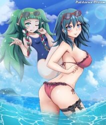 absurdres alternate_costume ass bikini blue_eyes blush breasts byleth_(fire_emblem) byleth_(fire_emblem)_(female) eyewear_on_head female_only fire_emblem fire_emblem:_three_houses green_eyes green_hair highres large_breasts looking_at_viewer medium_hair nintendo ocean one-piece_swimsuit one_eye_closed patdarux red_bikini small_breasts smile sothis_(fire_emblem) sticking_out_tongue summer sunglasses swimsuit swimwear teal_hair tongue tongue_out