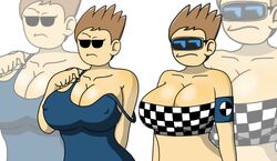 2girls black_sclera brown_hair eddsworld female_only future_tom_(eddsworld) rule_63 short_hair solo strap_slip strapless_bra tom_(eddsworld)