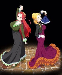 2girls ass big_ass big_breasts black_background blonde_hair cleavage dancing fan female_only fire_emblem fire_emblem:_the_blazing_blade fire_emblem:_the_sacred_stones hellene_(fire_emblem) ismaire_(fire_emblem) large_breasts light_blush long_hair looking_at_viewer mature mature_female medium_hair milf nintendo oppaihobby red_eyes red_hair smile yellow_eyes