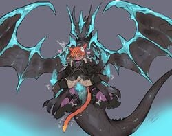 animal_ears anthro arm_grab bahamut_(final_fantasy) bare_shoulders belt black_dress blush boots cat_ears cat_tail censored claws clothed_female_nude_male clothed_sex dark-skinned_female dark_skin dracophilia dragon dragon_horns dragon_tail dragon_wings dress facing_viewer female final_fantasy final_fantasy_xiv floating_heart flower hair_flower hair_ornament heart horns miqo'te moaning mochi_taichi mochitaichi mosaic_censoring no_panties nude open_mouth purple_eyes pussy_juice red_hair rose sex short_hair size_difference spoken_heart spread_legs tail thighhighs vaginal_penetration wings zoophilia