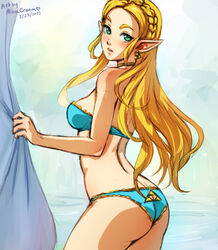 1girls ass blonde_hair blue_bra blue_lingerie blue_panties blush bra breath_of_the_wild demigoddess earrings female female_only hylian lingerie long_hair minacream neckband nintendo panties pointy_ears princess princess_zelda royalty solo the_legend_of_zelda triforce_panties zelda_(breath_of_the_wild)