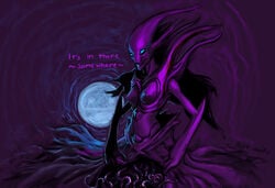 blue_eyes bodily_fluids breasts detailed_background dota dota_2 female humanoid meandraco mercurial_the_spectre monster_girl not_furry nude purple_body smile solo spectre_(dota_2) spirit spreading tentacle text video_games