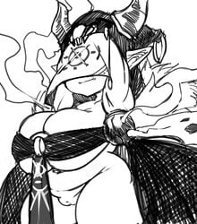 1girls absurdres adelia_(changbae) alternate_costume breasts changbae cleft_of_venus fantasy female female_only goblin goblin_female goblin_girl highres huge_breasts monochrome no_panties o-ring o-ring_top pussy smoke solo solo_female thick_thighs thighs veil