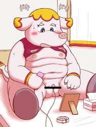 animal_crossing anthro blue_eyes blush_stickers censored elephant eyelashes fat female furry japanese_text margie_(animal_crossing) masturbation mirror nintendo nipples no_bra obese open_mouth ruco shirt_lift solo tail tape tissue_box translation_request vibrator window wristband