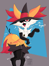 absurd_res anthro bikini braixen breasts clothed clothing elbow_gloves embarrassed female fur furry furry_only gloves handwear hat headgear headwear hi_res invalid_tag legwear lingerie magic_user nintendo orange_body orange_fur paw_pose pokémon_(species) pokemon pokemon_(species) ponporio_(artist) pose red_eyes small_breasts smile solo stockings swimwear tail text thick_thighs video_games witch witch_hat