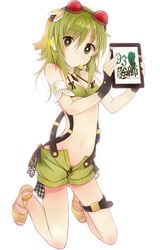 :o armband bangs bikini bikini_top breasts eyebrows_visible_through_hair female fingerless_gloves gloves goggles goggles_on_head green_bikini green_eyes green_hair green_shorts hair_between_eyes headset holding leg_belt looking_at_viewer megpoid_gumi navel open_clothes open_shorts shoes short_hair shorts sidelocks simple_background small_breasts solo suspender_shorts suspenders swimsuit tablet_pc taicho128 toeless_footwear vocaloid white_background