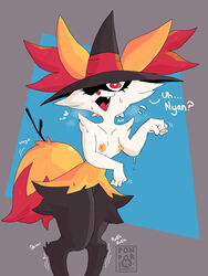 absurd_res anthro braixen breasts clothing embarrassed female fur furry furry_only genitals hat headgear headwear hi_res invalid_tag magic_user nintendo nipples orange_body orange_fur paw_pose pokémon_(species) pokemon pokemon_(species) ponporio_(artist) pose pussy red_eyes small_breasts smile solo tail text thick_thighs video_games witch witch_hat