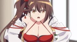 animated animated azur_lane bouncing_breasts brown_eyes brown_hair cleavage dress female hair_ornament huge_breasts indoor long_hair serious zuikaku_(azur_lane)