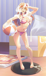 :d azusa_(cookie) ball beachball bikini breasts bright_pupils bukkake cookie_(touhou) cum cum_on_object female figure highres large_breasts one_eye_closed open_mouth orange_eyes orange_hair smile striped striped_bikini swimsuit tarmo tissue_box touhou white_pupils