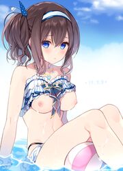 alternate_hairstyle areolae ball bangs bare_arms bare_shoulders beachball bead_necklace beads bikini bikini_lift bikini_skirt bikini_top blue_bow blue_eyes blue_sky blush bow breasts brown_hair closed_mouth cloud collarbone female frilled_bikini frilled_bikini_top frills hair_between_eyes headband idolmaster idolmaster_cinderella_girls jewelry long_hair looking_at_viewer medium_breasts navel necklace nipples p_(p25234112) sagisawa_fumika side_ponytail sidelocks sitting sky solo strapless strapless_bikini swimsuit water wet wet_clothes wet_swimsuit