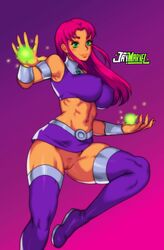 1girls 2021 abs armlet ass athletic bare_midriff big_breasts boots breasts cartoon_network cleft_of_venus clitoral_hood clitoris dc dc_comics female female_only fit_female going_commando gradient_background green_eyes jay-marvel long_hair looking_at_viewer magenta_background magenta_hair magic midriff nipple_bulge no_panties no_pubes pink_background purple_background purple_clothing pussy red_hair ribs shaped_pubic_hair sidelocks smile smiling solo solo_focus starfire subtle_pussy tamaranean teen_titans teen_titans_go thick_thighs thigh_boots thighhighs upskirt vambraces