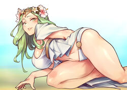 1girls alternate_costume bare_legs berg big_breasts bikini fire_emblem fire_emblem:_three_houses fire_emblem_heroes green_eyes green_hair grin hair_flower long_hair looking_at_viewer lying nintendo on_ground rhea_(fire_emblem) rhea_(summer)_(fire_emblem) smile solo solo_female swimsuit white_bikini white_swimsuit