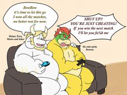 2021 2boys anthro asgore_dreemurr bodily_fluids boss_monster bovid bowser caprine closed_eyes controller duo english_text fur furniture game_controller gaming genitals hi_res hug humanoid_hands koopa male male_only mammal mario_(series) nintendo nintendo_switch overweight overweight_male penis playing_videogame pubes ragnadope scalie sitting sofa tears text undertale video_games white_body white_fur