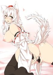 absurdres animal_ears anus ass bar_censor bare_shoulders bent_over blush bottomless breasts bridal_gauntlets censored detached_sleeves eyebrows_visible_through_hair female from_behind hat heart highres houkai_(collapse_illust) kneeling large_breasts leaning_forward light_smile looking_at_viewer looking_back medium_hair momiji_inubashiri nipples no_bra one_breast_out open_mouth pom_pom_(clothes) presenting pussy ribbon-trimmed_sleeves ribbon_trim shiny shiny_skin shirt skindentation sleeveless sleeveless_shirt solo spread_pussy tail thighhighs tokin_hat touhou twisted_torso white_hair white_shirt wide_sleeves wolf_ears wolf_girl wolf_tail yellow_eyes