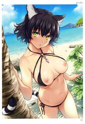 absurdres animal_ear_fluff animal_ears beach bikini black_bikini black_hair blue_sky breasts breasts_out cowboy_shot day dutch_angle eyebrows_visible_through_hair female fisheye green_eyes halterneck head_tilt highres horizon looking_at_viewer medium_breasts navel nipples o-ring o-ring_bikini o-ring_top open_mouth outdoors page_101 scan short_hair side-tie_bikini sky solo standing swimsuit tail tiger_ears tiger_girl tiger_tail toranoana upper_teeth yoshiron