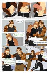 2021 2boys abs anthro ass balls biceps blonde_hair blue_eyes bottomwear bottomwear_pull brown_hair brown_hands bulge chair claws clothed clothing clothing_lift clothing_pull comic dialogue dream_and_nightmare duo ear_piercing english_text erection facial_hair felid feline fur furniture genitals gesture goatee green_eyes hair hand_on_shoulder hand_on_stomach hand_on_wrist hat headgear headwear hi_res jockstrap lagomorph leporid male mammal multicolored_body multicolored_fur multicolored_hair night_(dream_and_nightmare) pantherine pants pants_pull pecs phone piercing rabbit rick_(dream_and_nightmare) saggy_balls shirt shirt_lift sitting sitting_on_chair smile speech_bubble stripes table tail_tuft tank_top teeth thought_bubble tiger topwear tuft underwear