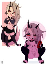 1girls 2021 absurd_res anthro anus breasts canid canid_demon chibi clothed clothing clothing_lift collar crouching demon female furry genitals grey_hair hair hellhound helluva_boss hi_res looking_at_viewer loona_(helluva_boss) mammal mostly_nude navel navel_piercing nikkiaart nipple_piercing nipple_ring nipples notched_ear one_breast_out partially_clothed piercing pussy red_sclera shirt shirt_lift solo spiked_collar spikes tongue tongue_out tongue_piercing topwear vivienne_medrano white_eyes