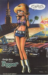 1990s 1992 1girls 20th_century bare_midriff blonde_hair bracelet cadillac car cherry_poptart_(comic) gogo_boots larry_welz looking_at_viewer miniskirt necklace pepper_poptart resturant short_blonde_hair short_hair solo solo_female straight_hair tagme talking_to_viewer white_boots year