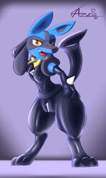 anthro azurioad breasts clothing female hi_res invalid_tag lewd_(disambiguation) lucario nintendo pokemon pokemon_(species) rubber solo suggestive suit video_games zipper