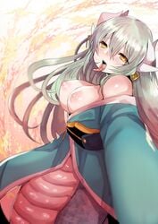 aqua_hair aqua_kimono areolae blush breasts commentary_request dragon_horns eyebrows_visible_through_hair fate/grand_order fate_(series) female hair_ornament heart heart-shaped_pupils horn horns japanese_clothes kimono kiyohime_(fate) kiyohime_(fate/grand_order) lamia large_breasts long_hair long_tongue looking_at_viewer mamemix monster_girl multi_horn nipples nure-onna saliva sash sharp_teeth symbol-shaped_pupils teeth tongue tongue_out yellow_eyes