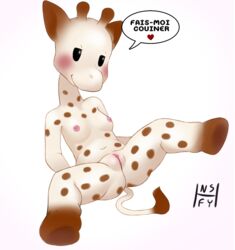 1girls anthro beady_eyes bedroom_eyes blush breasts brown_ears dialogue female female_only furry genitals giraffe giraffid hi_res hooves horn inviting mammal narrowed_eyes nsfy_(artist) presenting presenting_pussy pussy seductive small_breasts solo sophie_la_giraffe spots tail_tuft tuft white_body