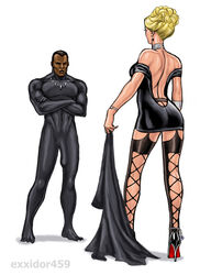 1boy 1girls anklet black_dress black_panther_(marvel) black_panther_(series) blonde_hair bodysuit dark-skinned_male dark_skin exxidor459 fantastic_four female human human_only interracial invisible_woman light-skinned_female light_skin male marvel penis_under_clothes simple_background straight sue_storm t'challa white_background