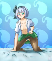 arm_support artist_logo artist_name bed bed_sheet biting biting_lip blue_background blush breasts collarbone colored_eyelashes english_commentary female green_eyes green_skirt hair_ribbon hairband highres kneeling leaning_forward lifted_by_self looking_at_viewer no_bra on_bed open_clothes open_shirt panties panties_aside panties_under_pantyhose pantyhose pussy pussy_juice pussy_juice_drip pussy_juice_stain renzibun ribbon sheet_grab shirt skirt skirt_lift small_breasts solo striped striped_panties torn_clothes torn_legwear touhou underwear watermark white_hair white_shirt youmu_konpaku