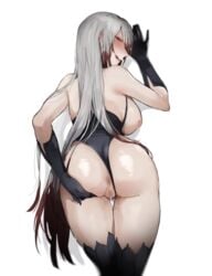 absurdres anus arm_up asmodeus_(megido72) ass black_gloves black_legwear blur_censor blurry blush breasts breasts_out censored closed_mouth clothing_aside commentary_request depth_of_field drooling female female_pubic_hair from_behind gloves hand_on_own_ass highres kiyomasa_(dangan) large_breasts long_hair looking_at_viewer looking_back megido72 multicolored_hair nipples profile pubic_hair pussy pussy_juice red_eyes red_hair saliva silver_hair simple_background solo standing thigh_gap tongue tongue_out two-tone_hair very_long_hair white_background