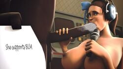 1boy 1girls 3d blowjob breasts cum cum_in_mouth dark-skinned_male english_text faceless_male fellatio female femscout femscout_(hatless) headphones interracial large_breasts light-skinned_female male microphone oral oral_sex ribbon rule_63 scout straight team_fortress_2 text whiteweasel