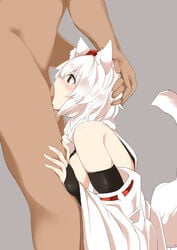 animal_ears blush breasts clothed_female_nude_male deepthroat fellatio houkai_(collapse_illust) momiji_inubashiri oral sideboob tagme tail tears touhou white_hair wolf_ears wolf_girl wolf_tail yellow_eyes