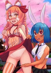 2girls animal_ears assisted_exposure blue_hair blush brown_eyes bunny_ears bunny_girl clothing dress dress_lift embarrassed fox_ears fox_girl fox_tail freckles long_hair multiple_girls no_panties original poppytart presenting presenting_pussy pubic_hair red_eyes red_hair ribbon short_hair single_thighhigh stockings tanline thighhighs tira_(poppytart)