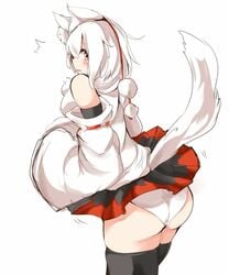 animal_ears ass blush houkai_(collapse_illust) looking_at_viewer looking_back momiji_inubashiri panties skirt skirt_lift standing tagme tail thighhighs touhou white_hair white_panties wolf_ears wolf_girl wolf_tail yellow_eyes