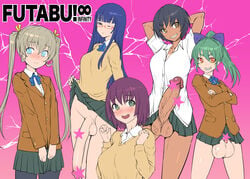 1girls 4futas aihara_ai april_fools arms_behind_head asakura_mao balls_bigger_than_penis bangs big_balls_small_penis black_hair blazer blue_eyes blue_hair blush bosshi brown_eyes censored crossed_arms erection eyebrows_visible_through_hair flaccid futabu futanari glasses green_hair grin huge_cock huge_testicles itou_aya jacket lifted_by_self light_brown_hair long_hair long_sleeves multiple_girls niimura_akane one_eye_closed oohashi_sumika open_mouth oversized_balls penis penis_size_difference pink_background purple_eyes role_reversal school_uniform short_hair skirt skirt_lift small_penis smile testicles twintails