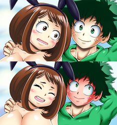 1boy 1girls big_breasts bluegraves blush breasts brown_eyes brown_hair bunny bunny_costume bunny_ears bunny_girl censored close-up closed_eyes crying curvy easter female holidays huge_breasts izuku_midoriya large_breasts looking_at_another my_hero_academia nervous ochako_uraraka shounen_jump shy wholesome