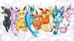 <3_eyes all_nine_eeveelutions ambiguous_gender anus ass beady_eyes bed blue_eyes blush bodily_fluids brown_eyes brown_pawpads detailed_background dipstick_tail eevee eeveelution elemental_creature espeon female feral fin flareon flora_fauna fluffy fluffy_tail furniture genitals glaceon gloves_(marking) group half-closed_eyes heart hi_res jolteon leafeon leg_markings legs_up looking_at_viewer looking_back lying markings multicolored_tail narrowed_eyes neck_tuft nervous nintendo on_back on_bed on_front open_mouth pawpads pink_pawpads plant pokemon pokemon_(species) presenting presenting_hindquarters presenting_pussy purple_eyes pussy raised_tail red_eyes saliva saliva_string silma smile socks_(marking) sploot spread_pussy spreading sweat sylveon tail_fin tuft umbreon vaporeon video_games