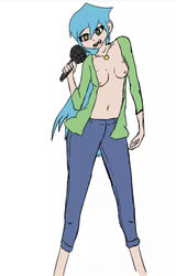 artist_request blue_hair boots boyfriend's_mom_(fanon) boyfriend's_mom_(mizanploz) breasts exposed_breasts friday_night_funkin friday_night_funkin_mod mic microphone mod necklace shining_eyes shirt singing