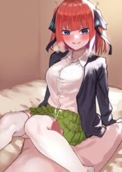 1boy 1girls amog big_breasts blue_eyes blush blushing censored clothed clothed_female clothed_female_nude_male clothed_sex clothes cowgirl_position cum cumshot edit ejaculation embarrassed female female_focus fully_clothed go-toubun_no_hanayome green_skirt grin heavy_breathing highres jacket kneepit_sex legjob legwear looking_at_viewer mosaic_censoring nakano_nino nude nude_male on_bed outercourse pale-skinned_female pale-skinned_male pale_skin red_hair school_uniform shirt short_hair skirt smile stockings straight tagme thigh_job thigh_sex thighhighs thighjob tied_hair white_legwear