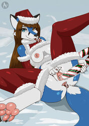 anal_beads anthro armwear articfox blue_body blue_eyes blue_fur bodily_fluids breasts brown_eyes brown_hair candy candy_cane candy_cane_dildo canid canine christmas christmas_clothing christmas_headwear claws clitoral clitoral_masturbation clitoris clitoris_piercing clothing dessert elbow_gloves female food fox foxine fur genital_fluids genital_piercing genitals gloves hair handwear hat headgear headwear heterochromia holidays legwear looking_at_viewer lying mammal masturbation multicolored_body multicolored_fur navel nipples on_back pawpads piercing pussy_juice santa_hat sex_toy smile solo spreading stockings two_tone_body two_tone_fur vaginal_masturbation vaginal_penetration white_body white_fur