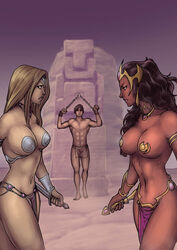 2girls a_princess_of_mars barsoom black_hair blonde_hair bracelets brown_hair captured chained circlet dagger dejah_thoris headdress john_carter john_carter_of_mars large_breasts loincloth long_hair original_character pasties sword voluptuous