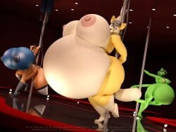 3d annabelle_cow anthro anthroanim big_breasts fox huge_belly kitty_vanilji lion rubber_fox_lady stripper_pole tagme tagme_(character)