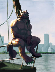 anthro big_penis bullstorm canid canine canis foreskin genitals green_eyes hair male mammal muscular muscular_anthro muscular_male nipples nude outside pecs penis solo wolf