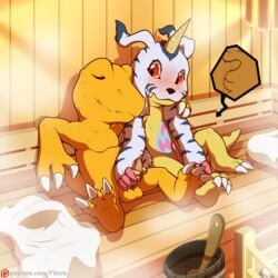 1:1 agumon anal anal_fingering anal_masturbation anal_sex animal_genitalia anthro anus ass balls blush bodily_fluids claws digimon digimon_(species) digital_media_(artwork) duo erection fangs fingering fur gabumon genitals hi_res horn male male/male male_only masturbation penetration penile penile_masturbation penis scalie sex vitrex yellow_body