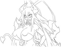 alternate_version_available big_breasts black_and_white cleavage demon_girl disgaea disgaea_d2 horns huge_breasts laharl laharl-chan line_art matsu-sensei navel nippon_ichi_software tagme