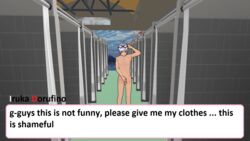 1boy abs ashamed bathroom chest_hair covering_crotch dialogue embarrassed flaccid goggles goggles_on_head iruka_dorufino locker_room male_only muscles muscular muscular_male naked nude nude_male pecs pubic_hair red_eyes shower shy silver_hair speech_bubble standing tagme yandere_simulator